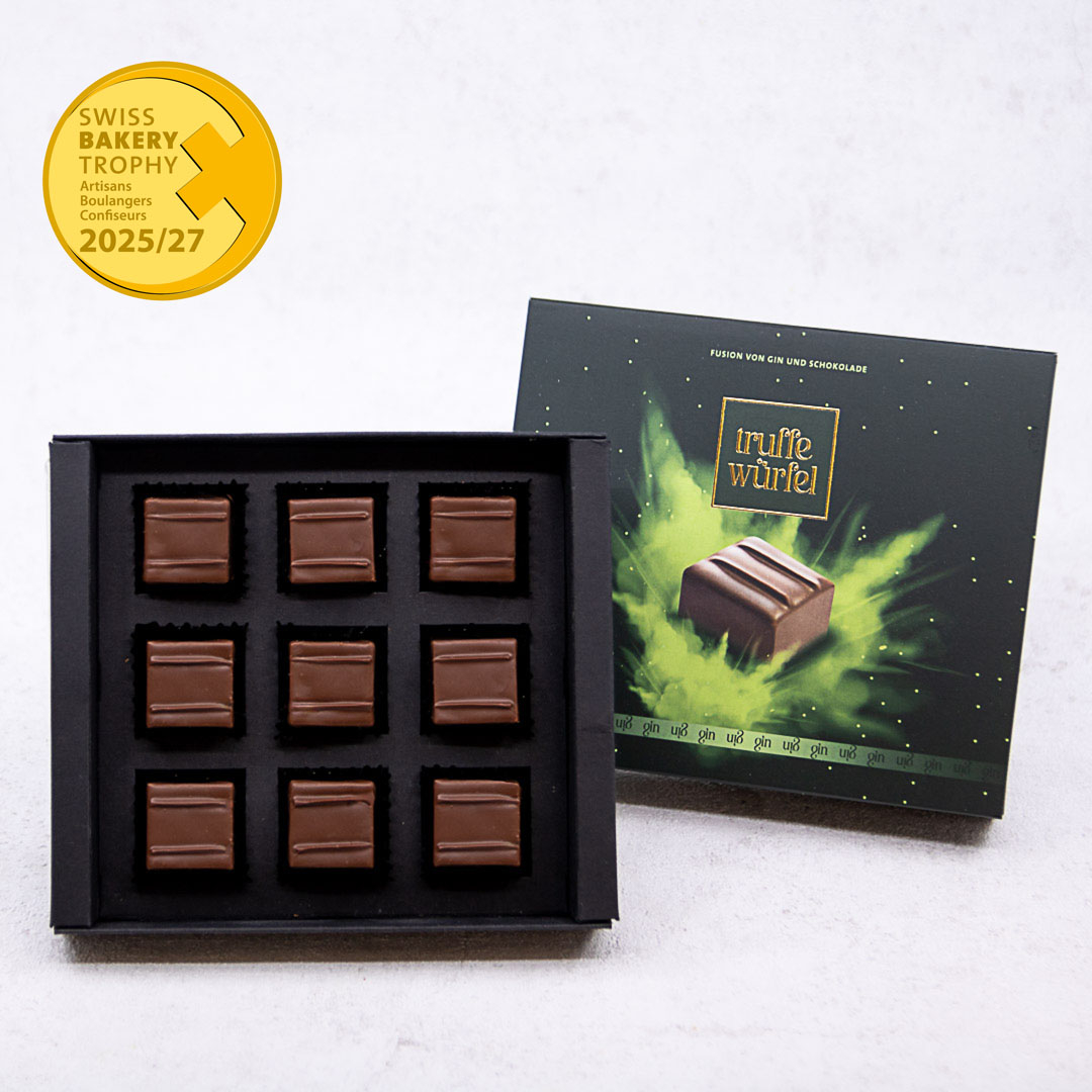 Gin Truffe Würfel mit SBT Medaille Gin Truffe Würfel offen