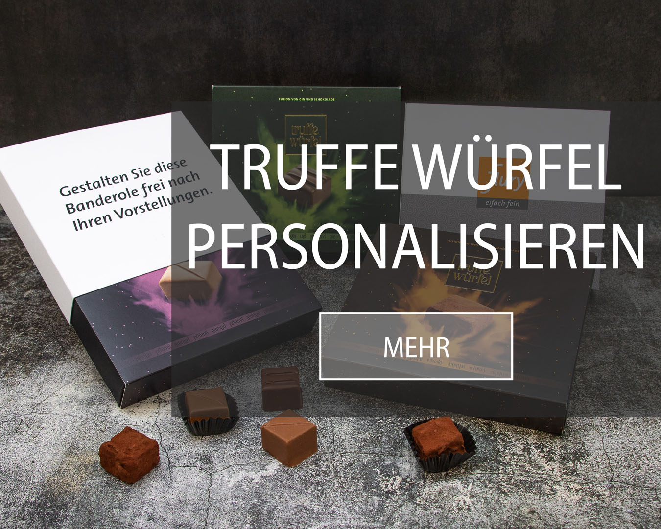 Truffe W&uuml;rfel mit personalisierbarer Verpackung in Form einer frei gestaltbaren Banderole.