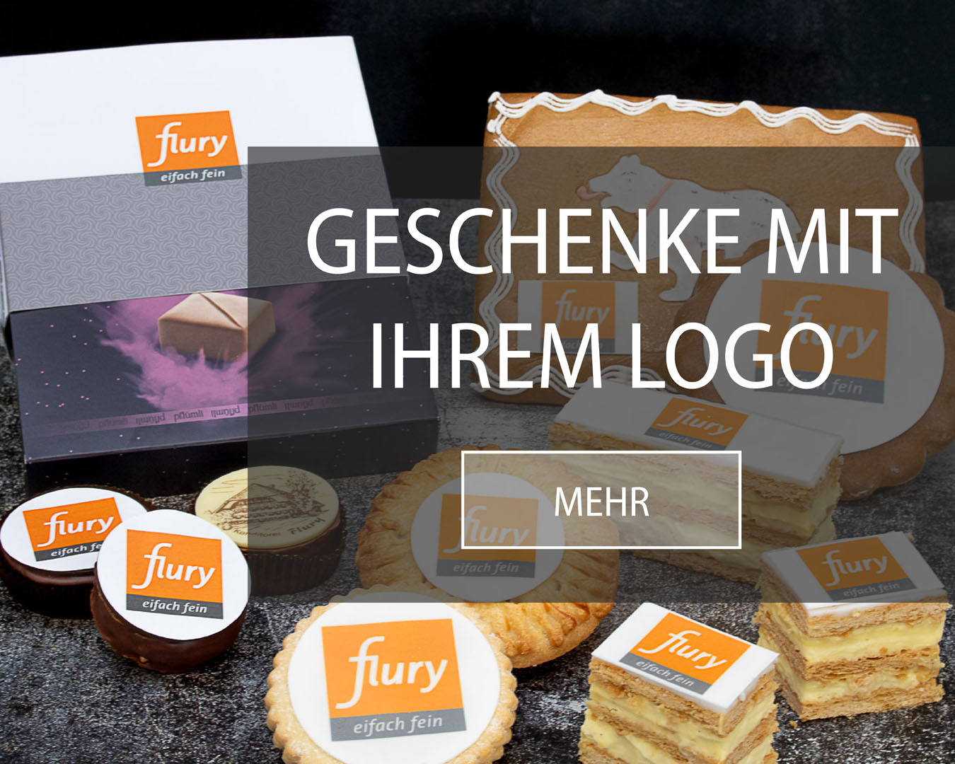 Viele verschiedene Produkte wie Cremeschnitten, Spitzbuben, B&uuml;ndner Nusstorte und Koppigerli mit essbarem Logo.